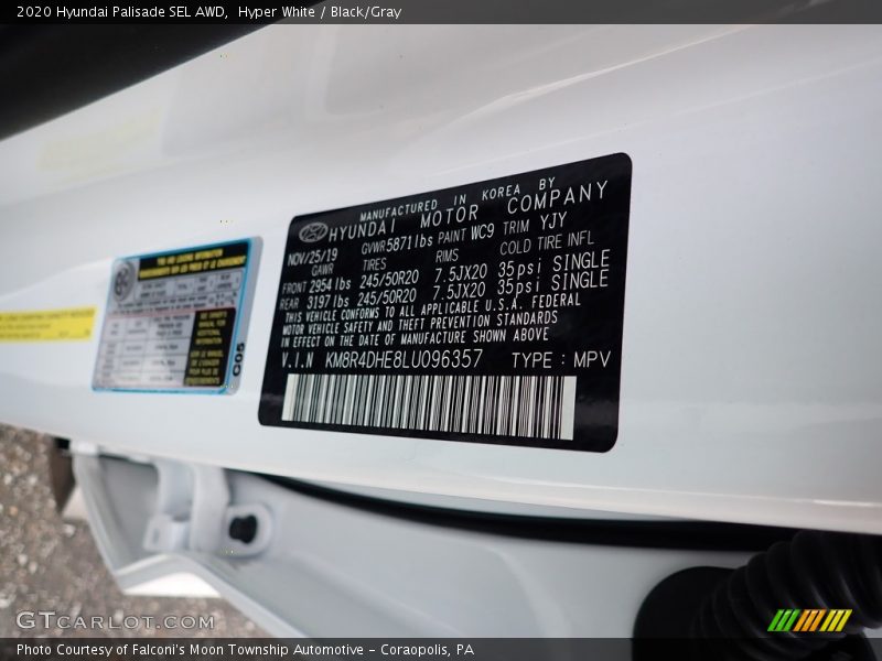 2020 Palisade SEL AWD Hyper White Color Code WC9