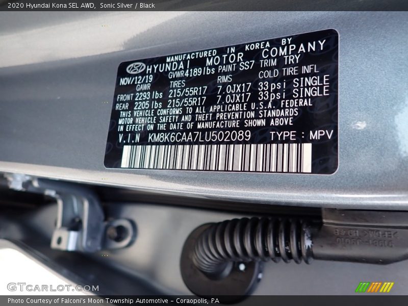 2020 Kona SEL AWD Sonic Silver Color Code SS7