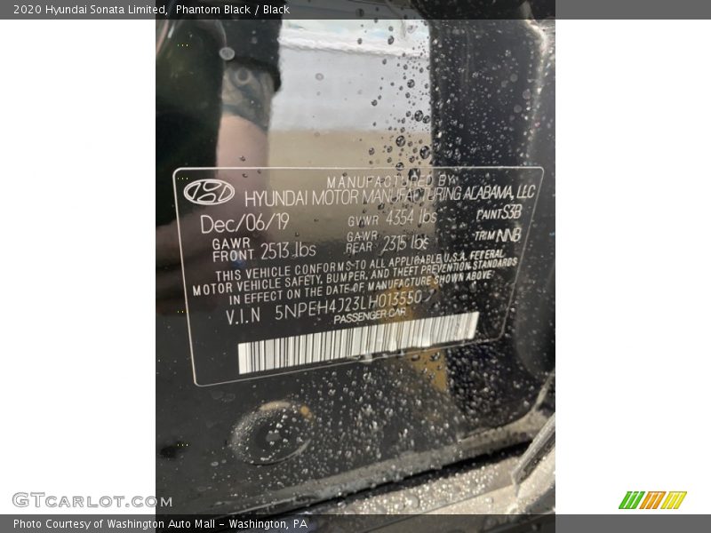 Phantom Black / Black 2020 Hyundai Sonata Limited
