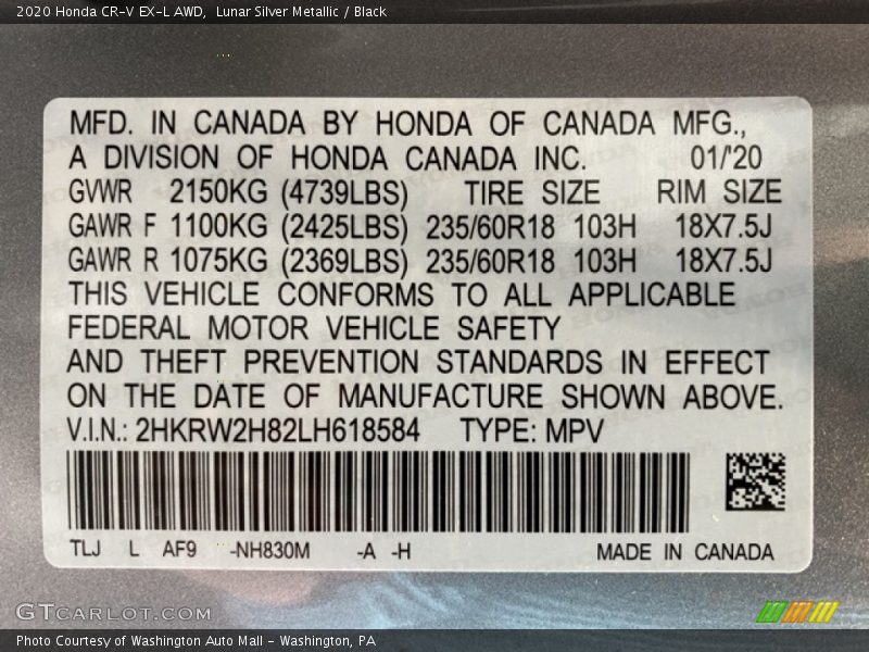 Lunar Silver Metallic / Black 2020 Honda CR-V EX-L AWD