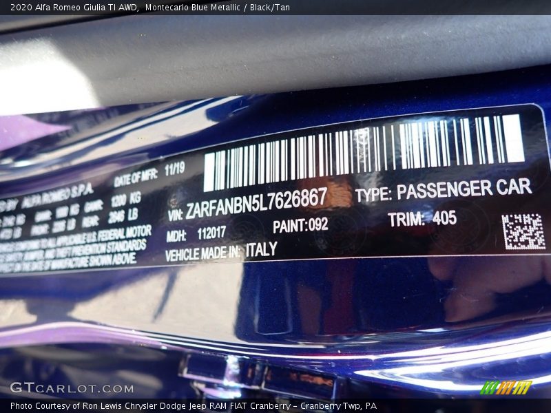 Montecarlo Blue Metallic / Black/Tan 2020 Alfa Romeo Giulia TI AWD