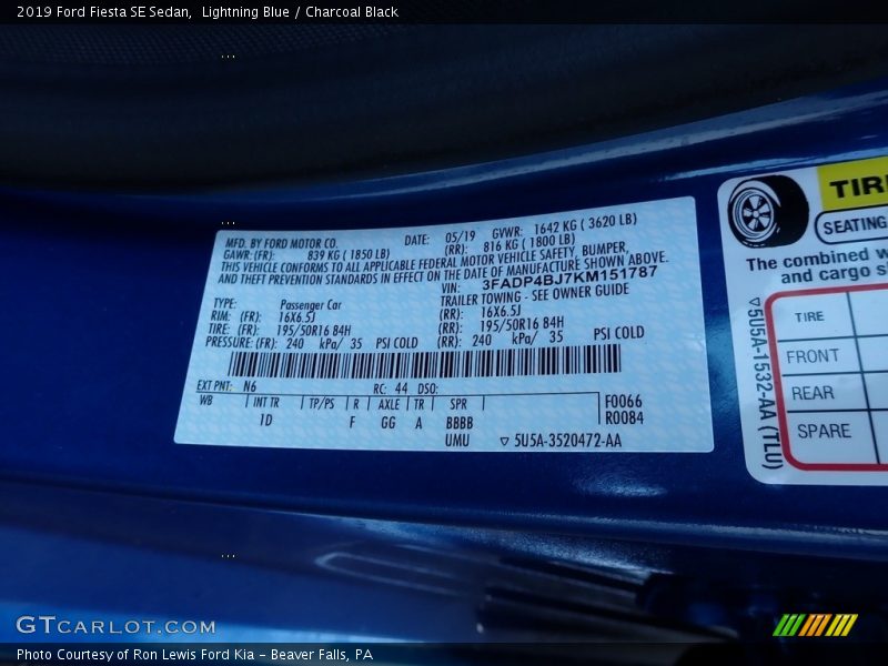 2019 Fiesta SE Sedan Lightning Blue Color Code N6