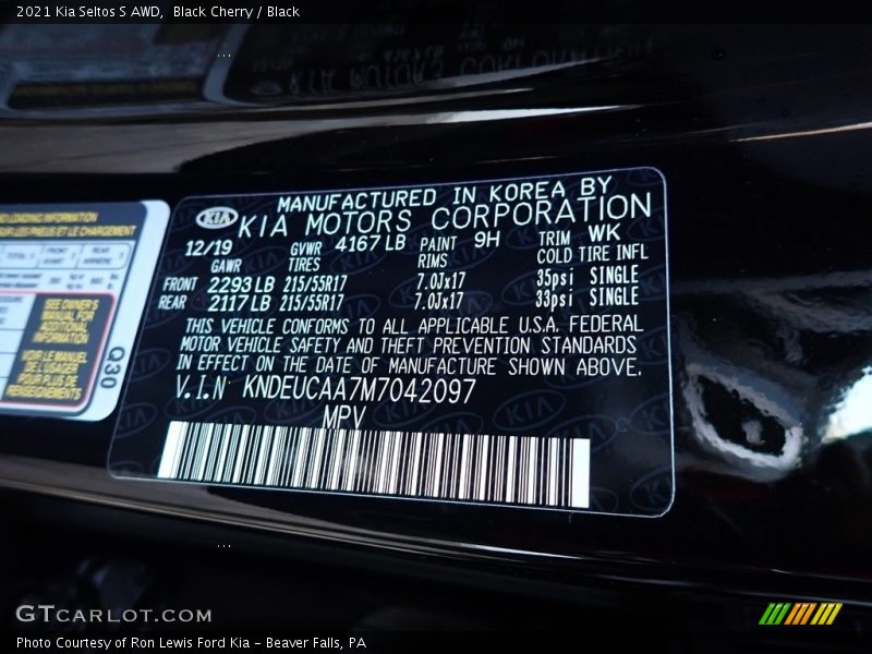 2021 Seltos S AWD Black Cherry Color Code 9H
