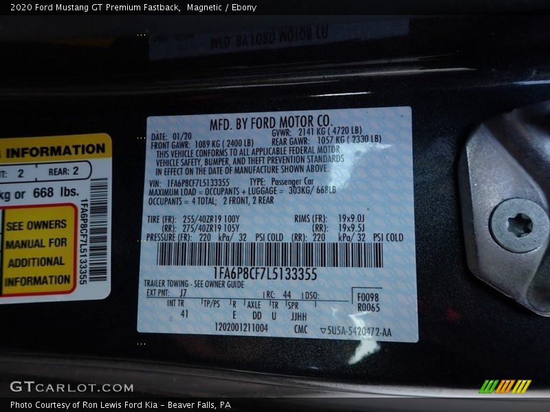 2020 Mustang GT Premium Fastback Magnetic Color Code J7