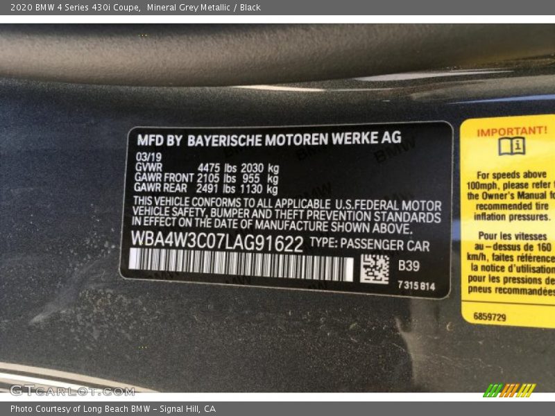Mineral Grey Metallic / Black 2020 BMW 4 Series 430i Coupe