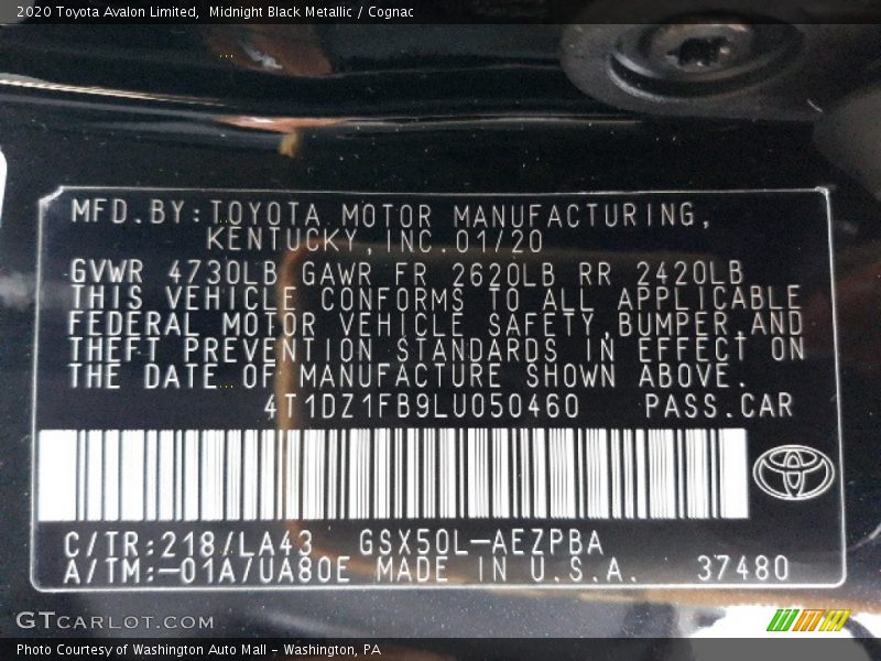 2020 Avalon Limited Midnight Black Metallic Color Code 218