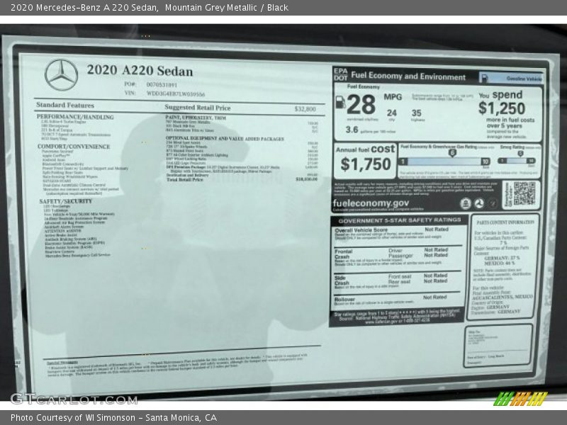  2020 A 220 Sedan Window Sticker