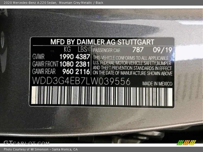 2020 A 220 Sedan Mountain Grey Metallic Color Code 787