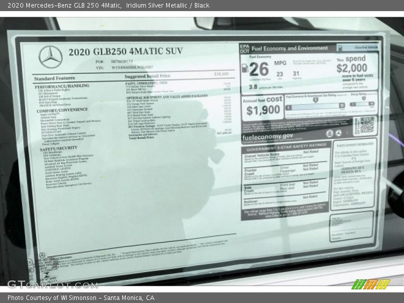  2020 GLB 250 4Matic Window Sticker