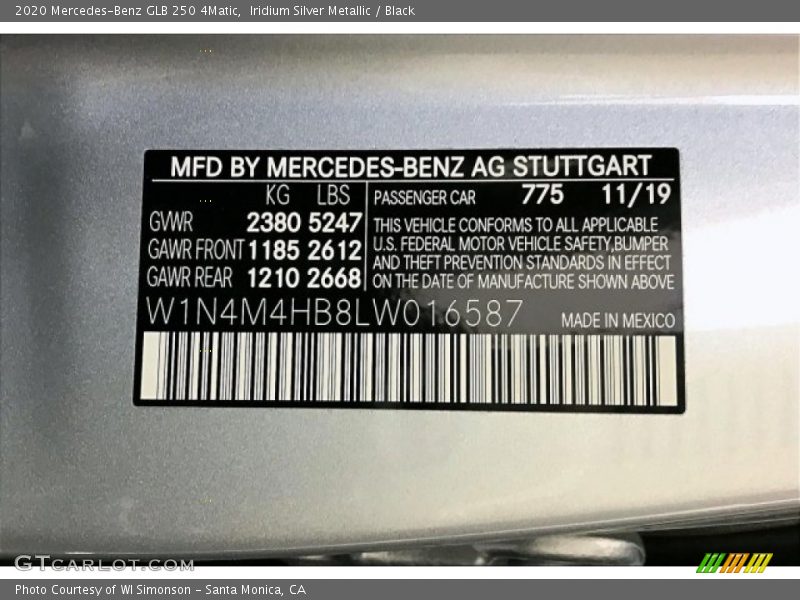 2020 GLB 250 4Matic Iridium Silver Metallic Color Code 775