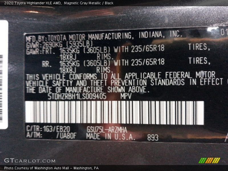 Magnetic Gray Metallic / Black 2020 Toyota Highlander XLE AWD