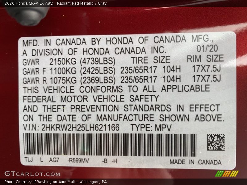 Radiant Red Metallic / Gray 2020 Honda CR-V LX AWD