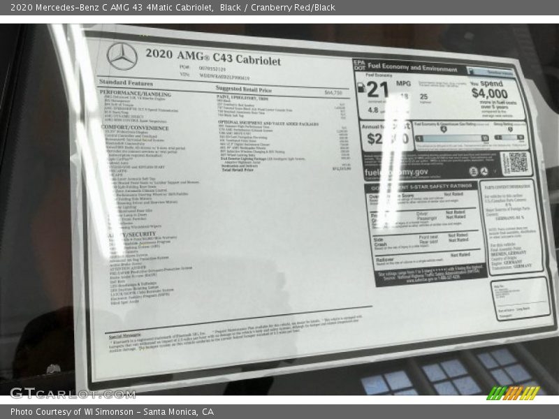  2020 C AMG 43 4Matic Cabriolet Window Sticker