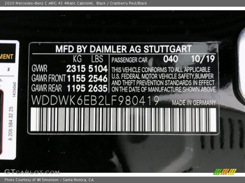 2020 C AMG 43 4Matic Cabriolet Black Color Code 040