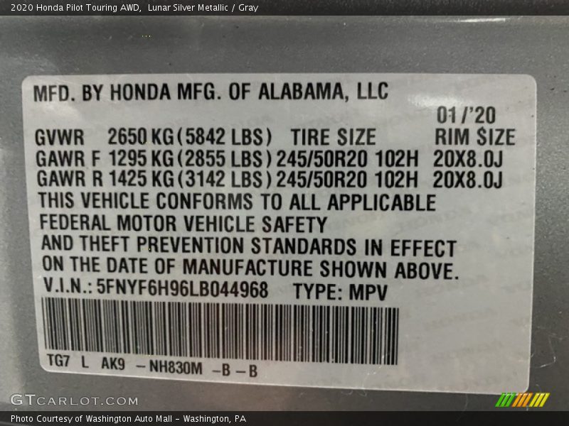 Lunar Silver Metallic / Gray 2020 Honda Pilot Touring AWD