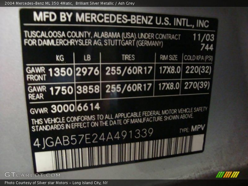 Brilliant Silver Metallic / Ash Grey 2004 Mercedes-Benz ML 350 4Matic