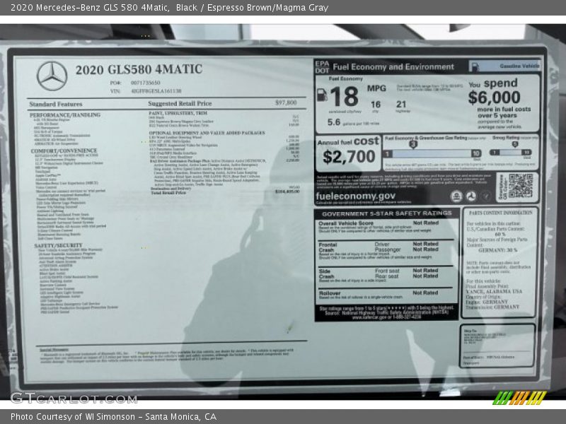  2020 GLS 580 4Matic Window Sticker