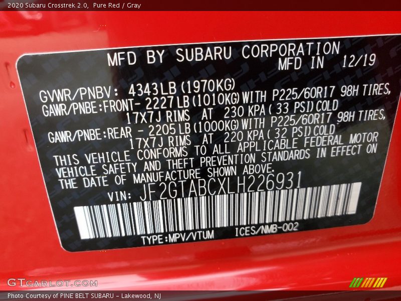 Pure Red / Gray 2020 Subaru Crosstrek 2.0