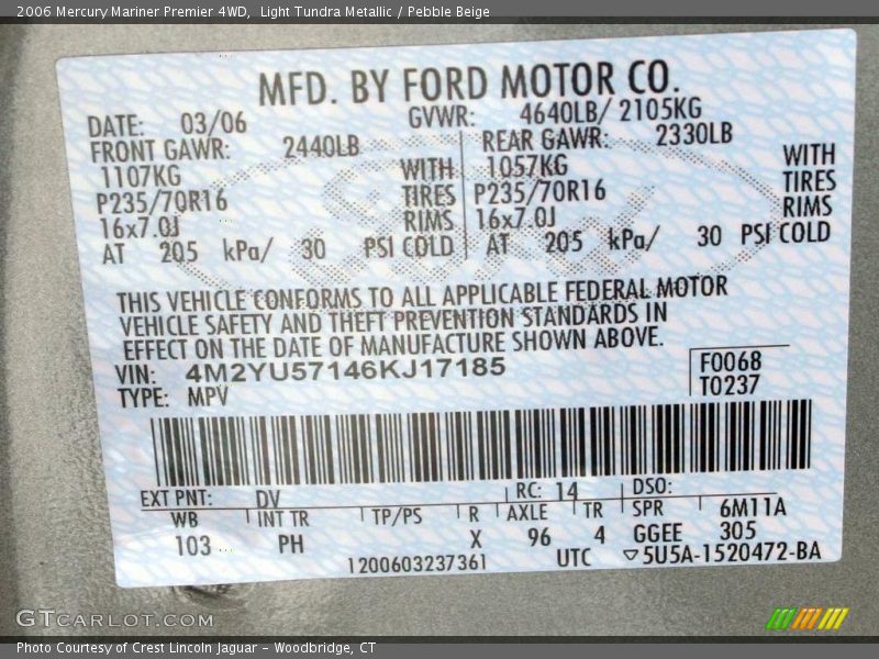 Light Tundra Metallic / Pebble Beige 2006 Mercury Mariner Premier 4WD