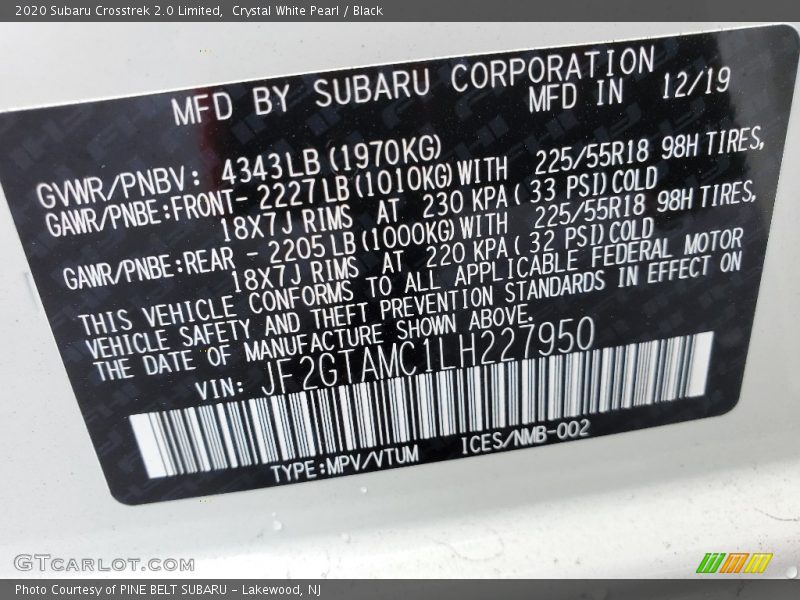 Crystal White Pearl / Black 2020 Subaru Crosstrek 2.0 Limited