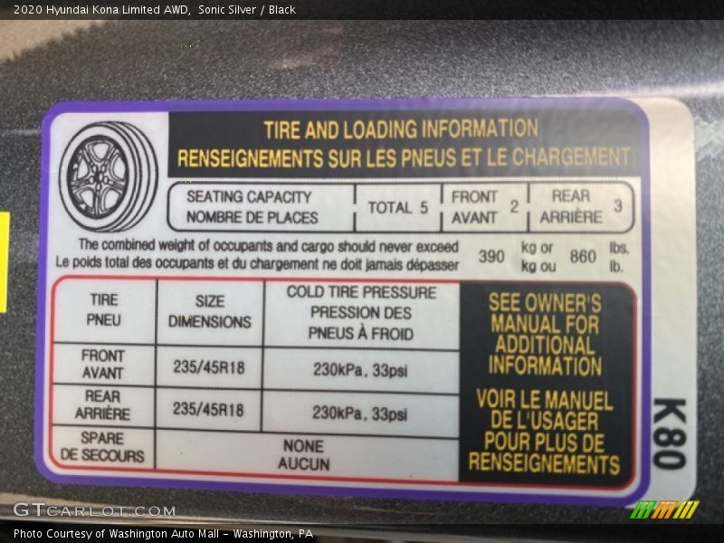 Info Tag of 2020 Kona Limited AWD