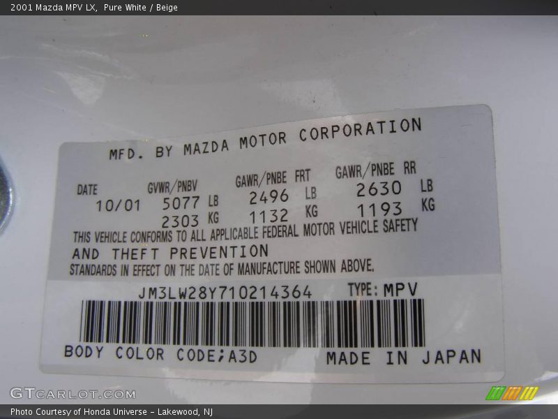 Pure White / Beige 2001 Mazda MPV LX