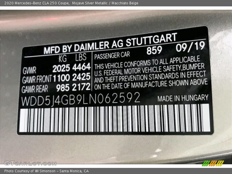 2020 CLA 250 Coupe Mojave Silver Metallic Color Code 859