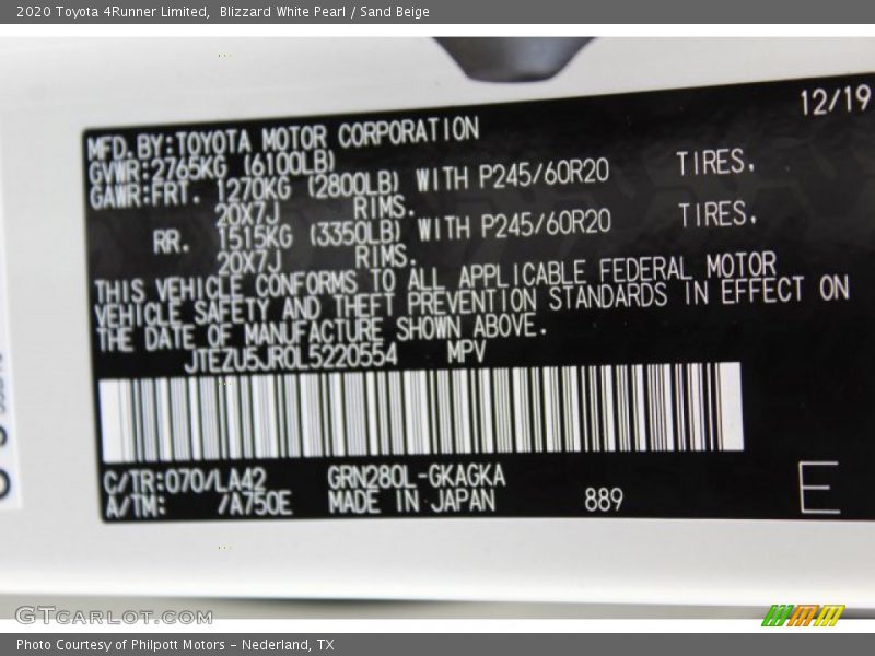 Blizzard White Pearl / Sand Beige 2020 Toyota 4Runner Limited