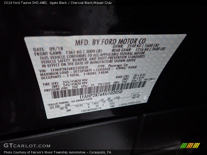 Agate Black / Charcoal Black/Mayan Gray 2019 Ford Taurus SHO AWD