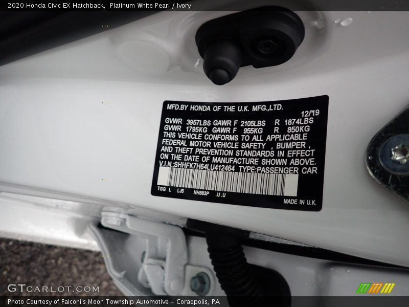 Platinum White Pearl / Ivory 2020 Honda Civic EX Hatchback
