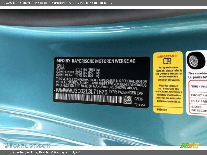 2020 Convertible Cooper Caribbean Aqua Metallic Color Code C2E