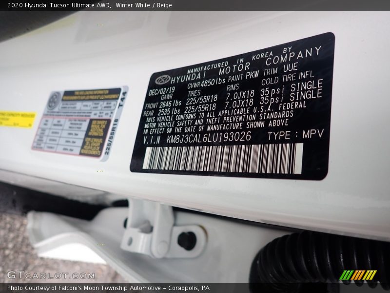 2020 Tucson Ultimate AWD Winter White Color Code PKW