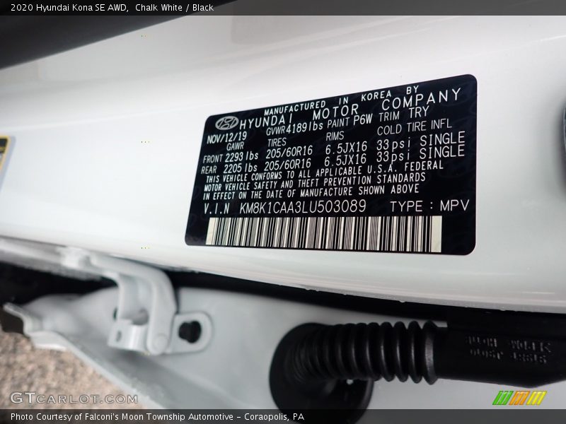 Chalk White / Black 2020 Hyundai Kona SE AWD