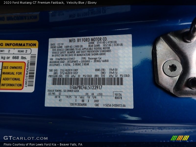 2020 Mustang GT Premium Fastback Velocity Blue Color Code E7