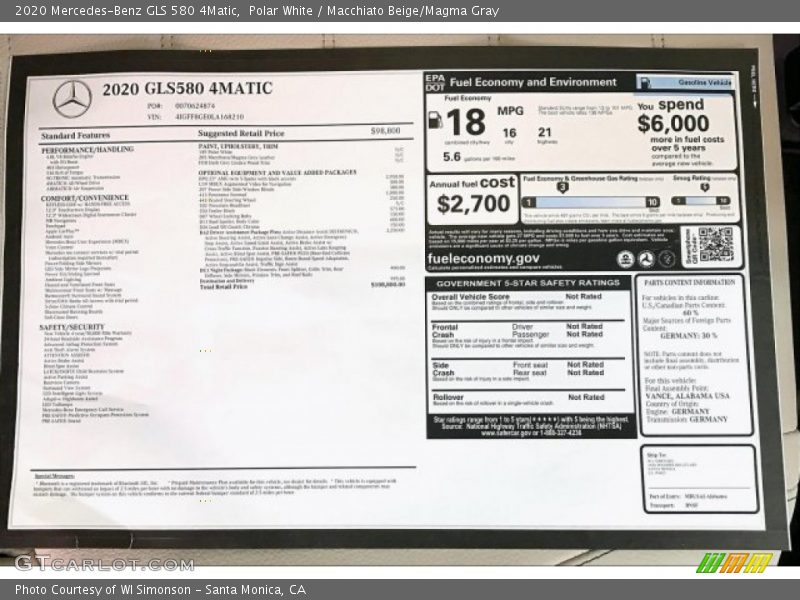  2020 GLS 580 4Matic Window Sticker