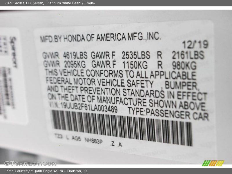 Platinum White Pearl / Ebony 2020 Acura TLX Sedan