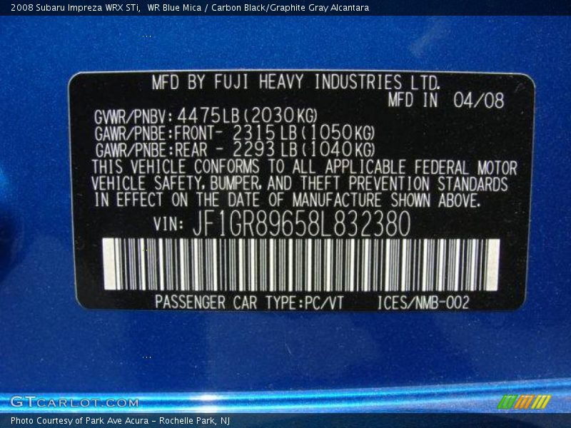 WR Blue Mica / Carbon Black/Graphite Gray Alcantara 2008 Subaru Impreza WRX STi