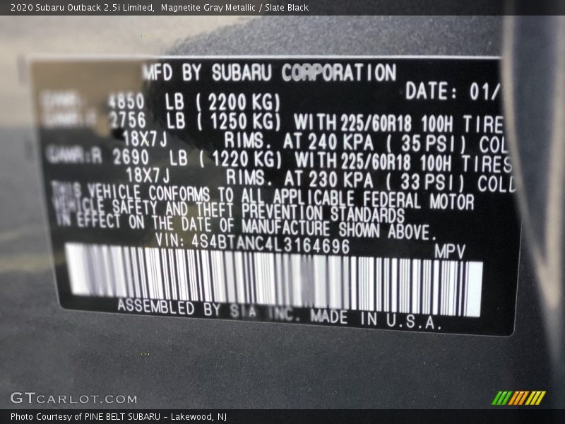 Magnetite Gray Metallic / Slate Black 2020 Subaru Outback 2.5i Limited