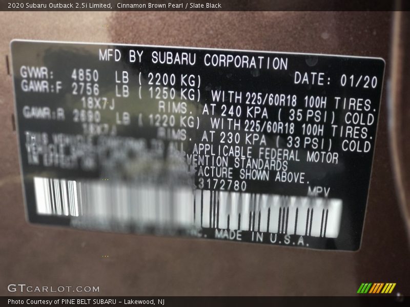 Cinnamon Brown Pearl / Slate Black 2020 Subaru Outback 2.5i Limited