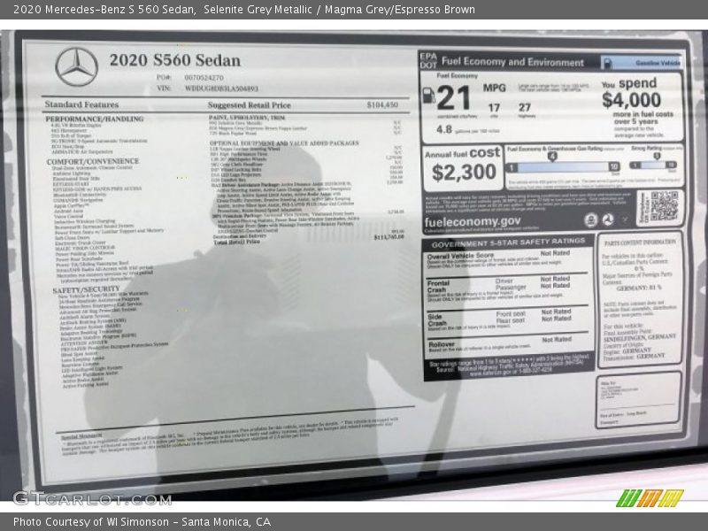  2020 S 560 Sedan Window Sticker