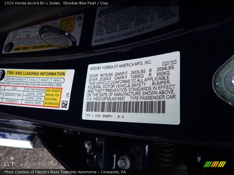 Obsidian Blue Pearl / Gray 2020 Honda Accord EX-L Sedan