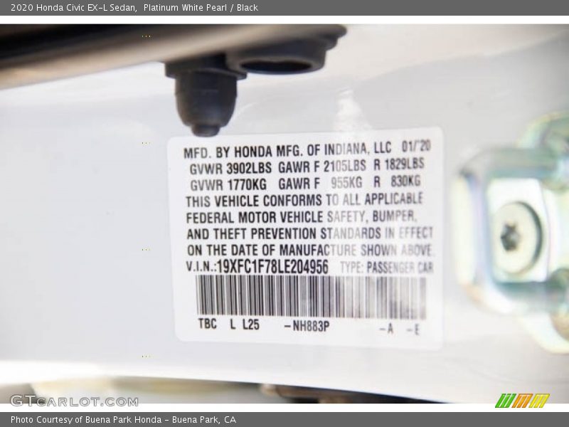 Platinum White Pearl / Black 2020 Honda Civic EX-L Sedan