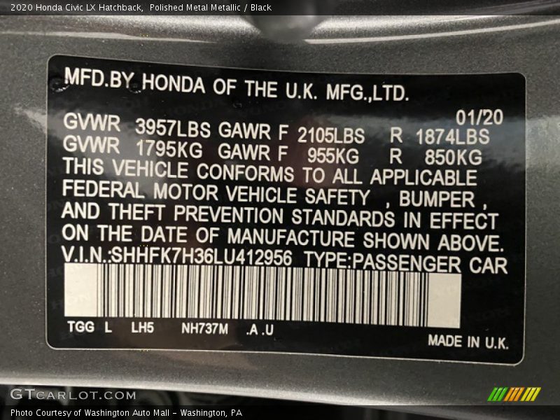 Polished Metal Metallic / Black 2020 Honda Civic LX Hatchback
