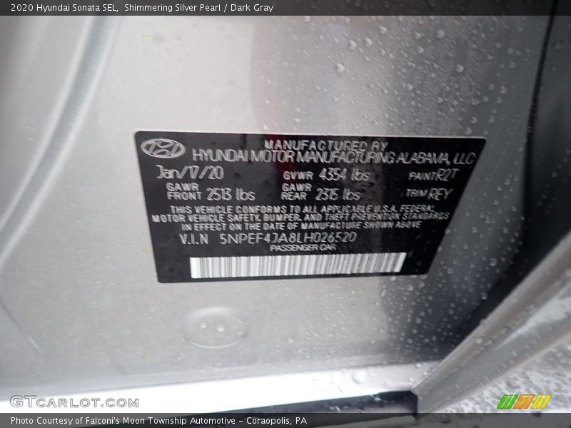 Shimmering Silver Pearl / Dark Gray 2020 Hyundai Sonata SEL