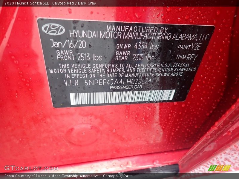 Calypso Red / Dark Gray 2020 Hyundai Sonata SEL