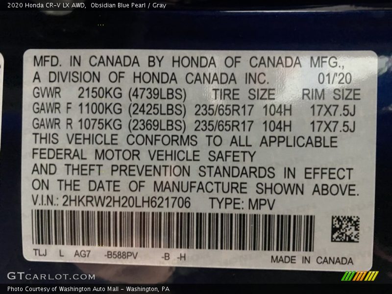 Obsidian Blue Pearl / Gray 2020 Honda CR-V LX AWD