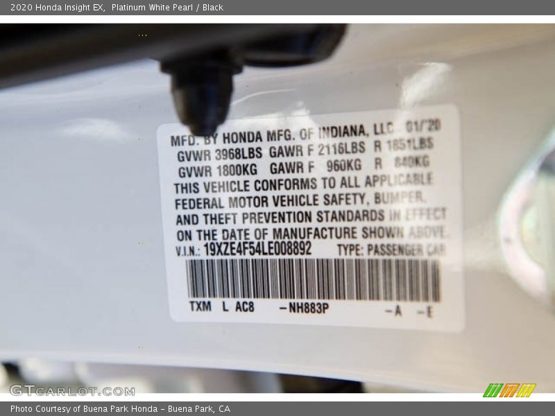 Platinum White Pearl / Black 2020 Honda Insight EX