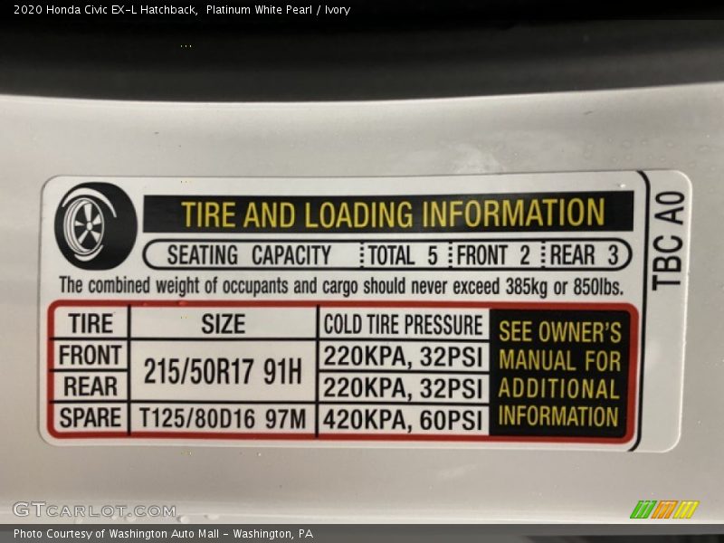 Platinum White Pearl / Ivory 2020 Honda Civic EX-L Hatchback