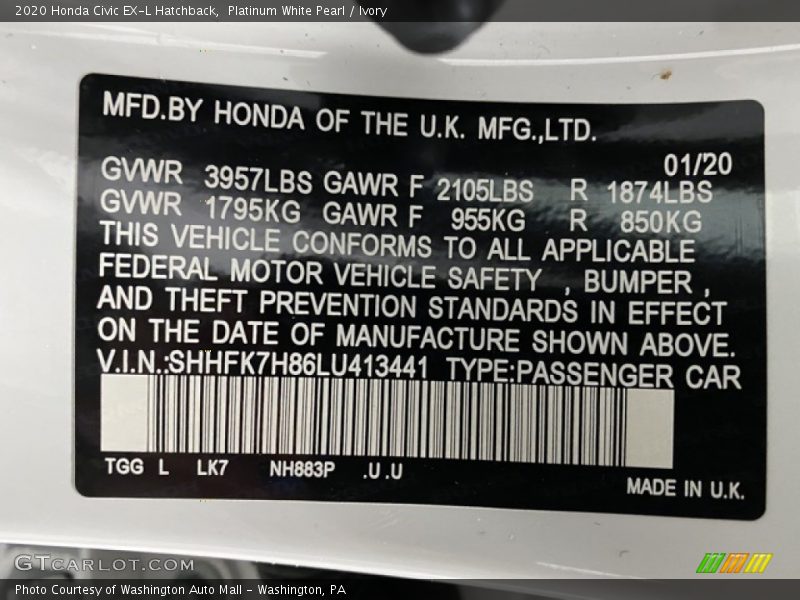 Platinum White Pearl / Ivory 2020 Honda Civic EX-L Hatchback