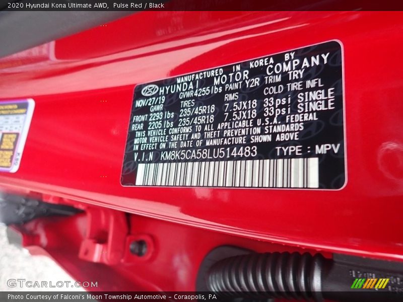2020 Kona Ultimate AWD Pulse Red Color Code Y2R